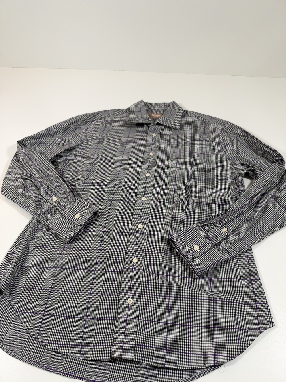 Gitman Bros Dress Shirt Mens 16 34/35 Black Plaid Purple USA Long Sleeve Woven